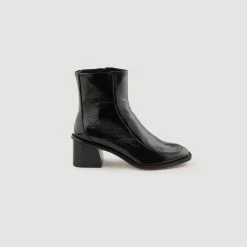 Outlet ???? Sandro Patent Leather ???? Boots With Heel Black ????