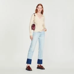 Best Pirce ???? Sandro Topstitched Fine Knit Cardigan Ecru ????