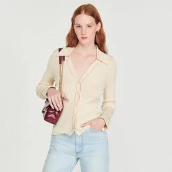 Best Pirce ???? Sandro Topstitched Fine Knit Cardigan Ecru ???? 10 Best Pirce ???? Sandro Topstitched Fine Knit Cardigan Ecru ???? -Sandro Shop Sandro SFPCA00637 11 V 4