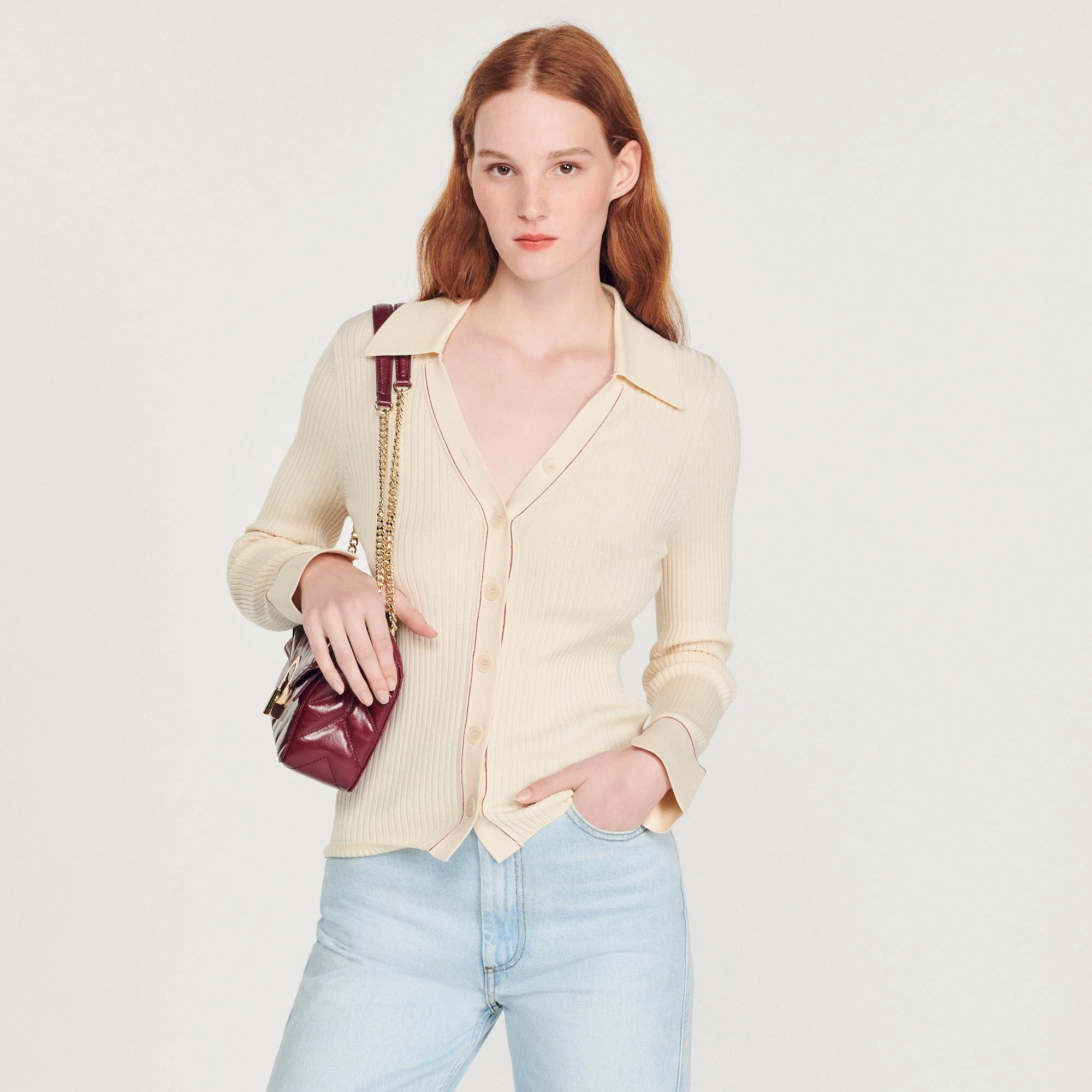 Best Pirce ???? Sandro Topstitched Fine Knit Cardigan Ecru ???? 4 Best Pirce ???? Sandro Topstitched Fine Knit Cardigan Ecru ???? - Image 4