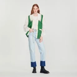 Cheap ⌛ Sandro Sleeveless ???? Coatigan With Lace Neck Green ❤️