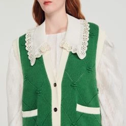 Cheap ⌛ Sandro Sleeveless ???? Coatigan With Lace Neck Green ❤️ -Sandro Shop Sandro SFPCA00644 80 V 3