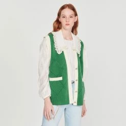 Cheap ⌛ Sandro Sleeveless ???? Coatigan With Lace Neck Green ❤️ -Sandro Shop Sandro SFPCA00644 80 V 4