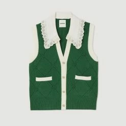 Cheap ⌛ Sandro Sleeveless ???? Coatigan With Lace Neck Green ❤️ -Sandro Shop Sandro SFPCA00644 80 V P