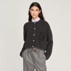 Top 10 ✨ Sandro Knit Cardigan With Embroidered Pocket Charcoal Grey ???? 10 Top 10 ✨ Sandro Knit Cardigan With Embroidered Pocket Charcoal Grey ???? -Sandro Shop Sandro SFPCA00699 23 V 4