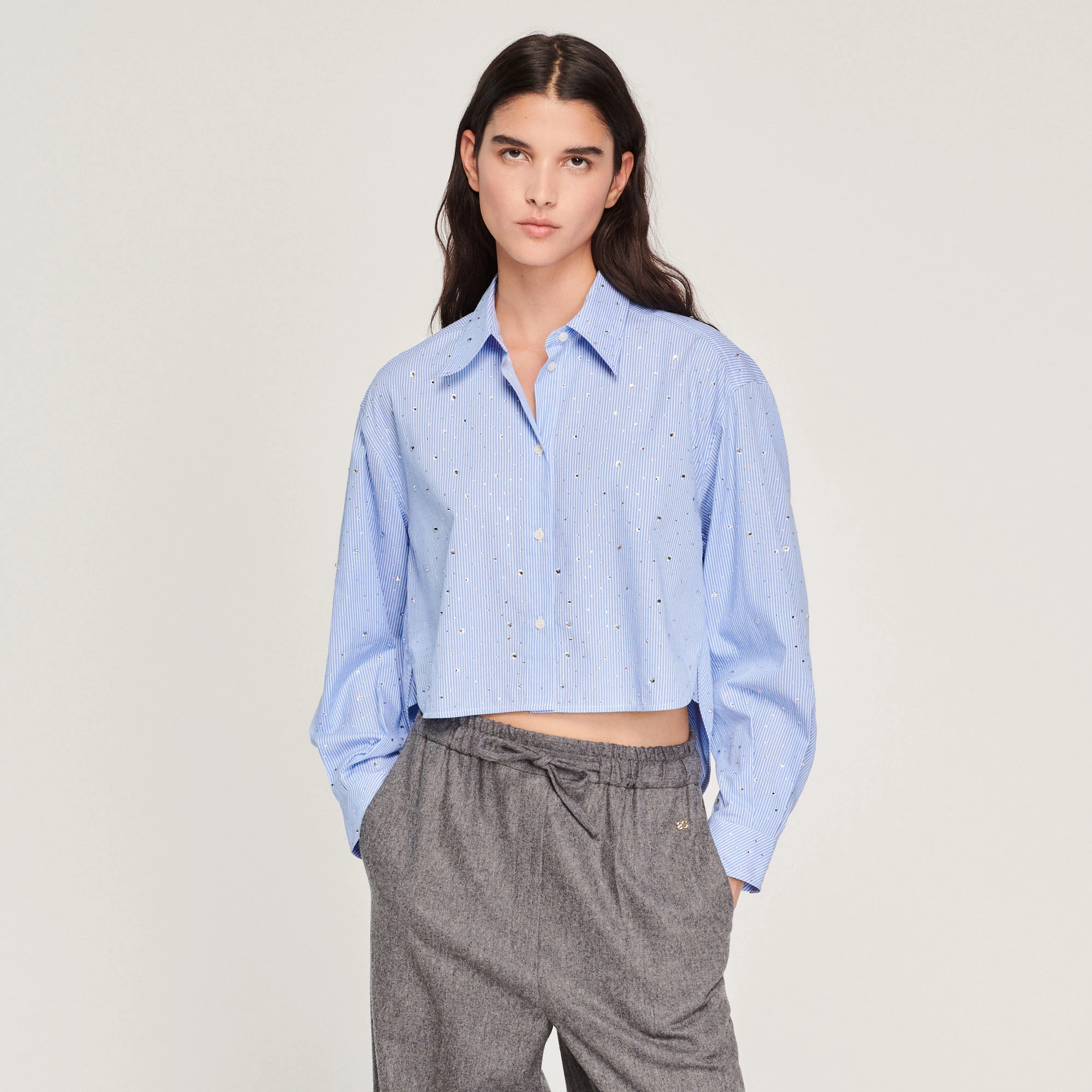 Outlet ???? Sandro Striped ???? Shirt With Rhinestones Sky Blue ???? 1 Outlet ???? Sandro Striped ???? Shirt With Rhinestones Sky Blue ????