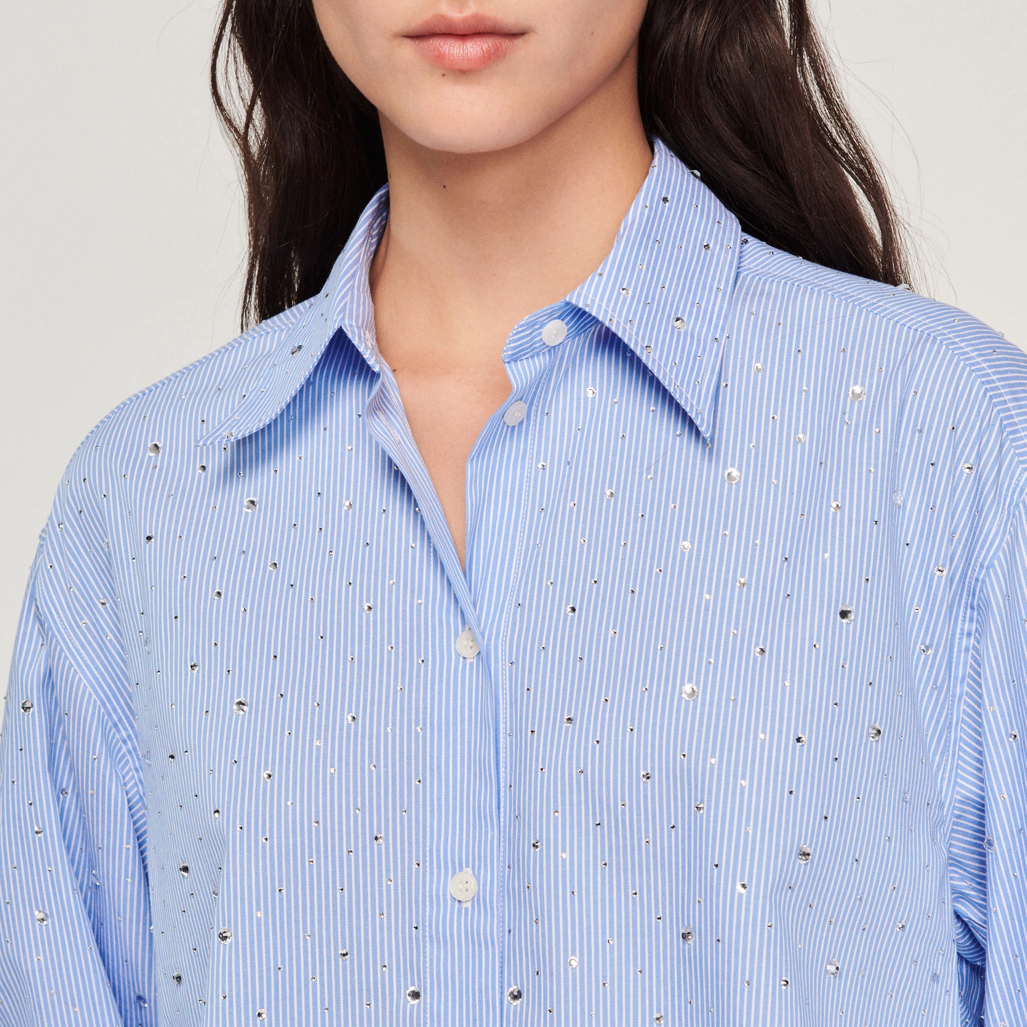Outlet ???? Sandro Striped ???? Shirt With Rhinestones Sky Blue ???? 3 Outlet ???? Sandro Striped ???? Shirt With Rhinestones Sky Blue ???? - Image 3