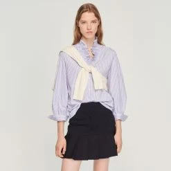 Best Sale ???? Sandro Striped ???? Shirt With A Fancy Collar Blu / White ????