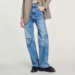 Sandro Shop 33 Cheap ???? Sandro Straight-leg ???? Jeans With Heart Embroidery Blue Jean ????