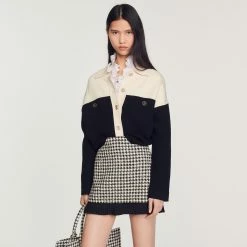 Outlet ???? Sandro Short Houndstooth Tweed ???? Skirt White And Black ????