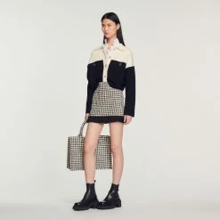 Outlet ???? Sandro Short Houndstooth Tweed ???? Skirt White And Black ???? -Sandro Shop Sandro SFPJU00732 107 V 4