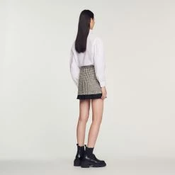 Outlet ???? Sandro Short Houndstooth Tweed ???? Skirt White And Black ???? -Sandro Shop Sandro SFPJU00732 107 V 5