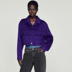 Best Sale ???? Sandro Cropped Wool ???? Coat Purple ???? -Sandro Shop Sandro SFPOU00413 90 V 4