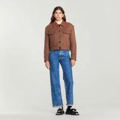 Discount ⭐ Sandro Short ???? Coat With Leather Collar Forest Brown ???? -Sandro Shop Sandro SFPOU00430 G195 H V