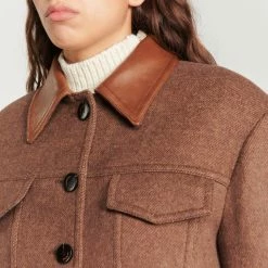 Discount ⭐ Sandro Short ???? Coat With Leather Collar Forest Brown ???? -Sandro Shop Sandro SFPOU00430 G195 V 3