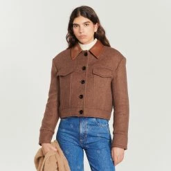 Discount ⭐ Sandro Short ???? Coat With Leather Collar Forest Brown ???? -Sandro Shop Sandro SFPOU00430 G195 V 4