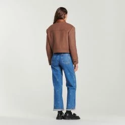 Discount ⭐ Sandro Short ???? Coat With Leather Collar Forest Brown ???? -Sandro Shop Sandro SFPOU00430 G195 V 5