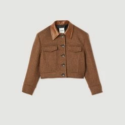 Discount ⭐ Sandro Short ???? Coat With Leather Collar Forest Brown ???? -Sandro Shop Sandro SFPOU00430 G195 V P