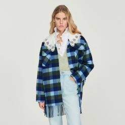 Sandro Shop 21 Buy ???? Sandro Checked ???? Coat Blue Jean ????