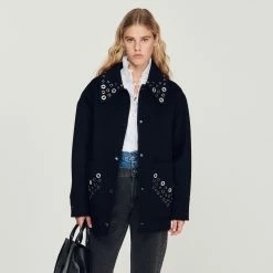 New ???? Sandro Wool ???? Coat Embellished With Eyelets Black ✨