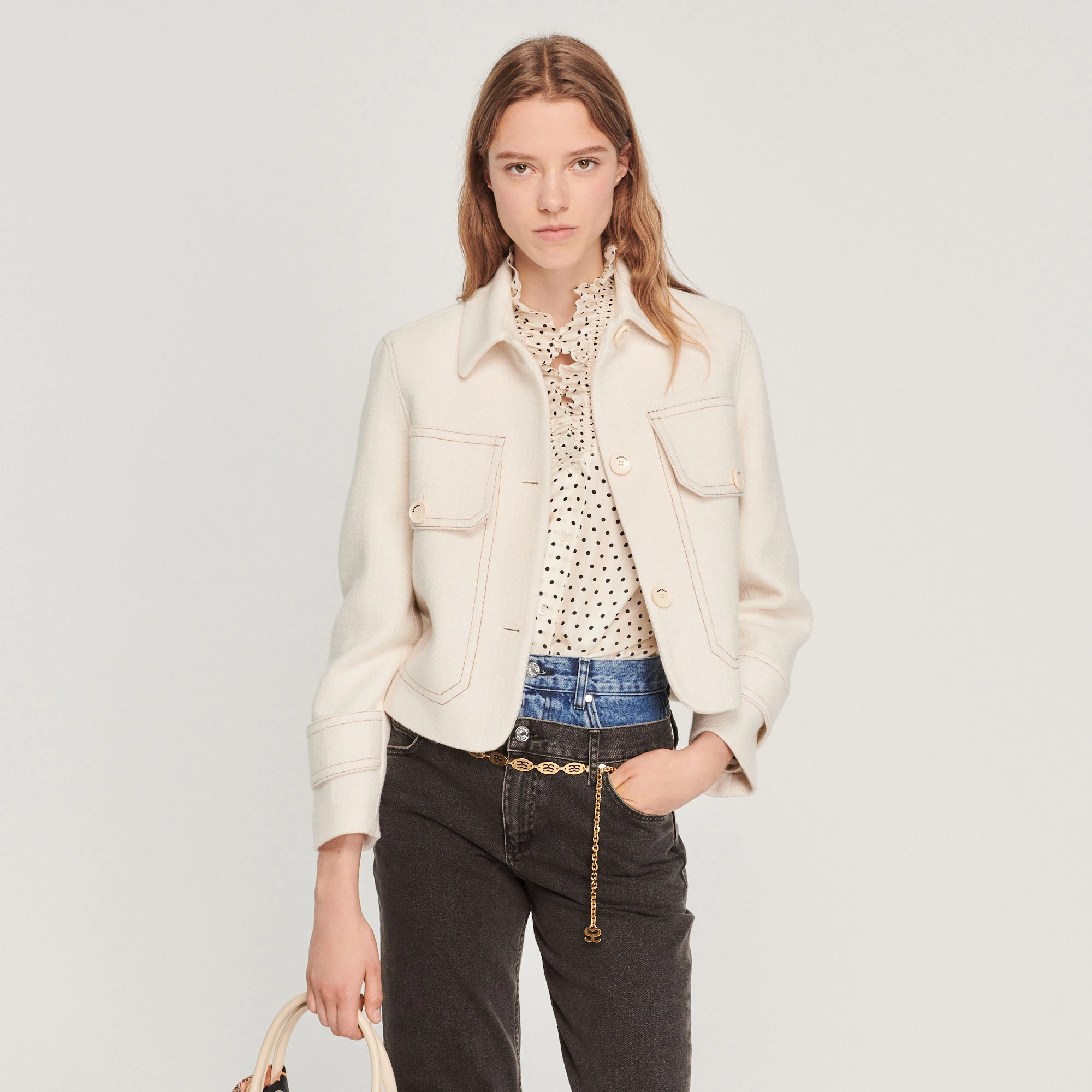 Hot Sale ???? Sandro Short Button-up ???? Coat Ecru ???? 1 Hot Sale ???? Sandro Short Button-up ???? Coat Ecru ????