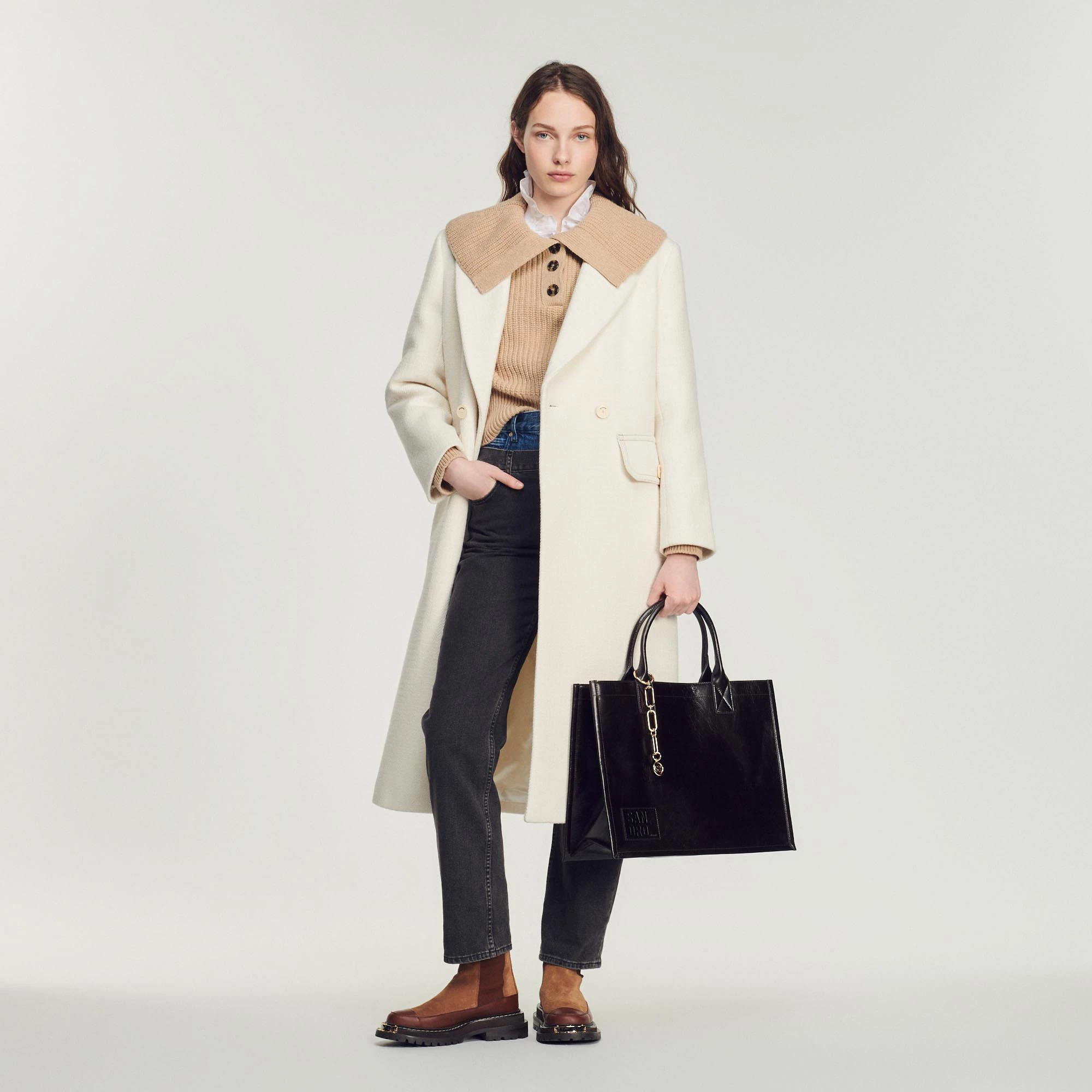 Outlet ???? Sandro Long ???? Coat With Wide Collar Ecru ???? 1 Outlet ???? Sandro Long ???? Coat With Wide Collar Ecru ????