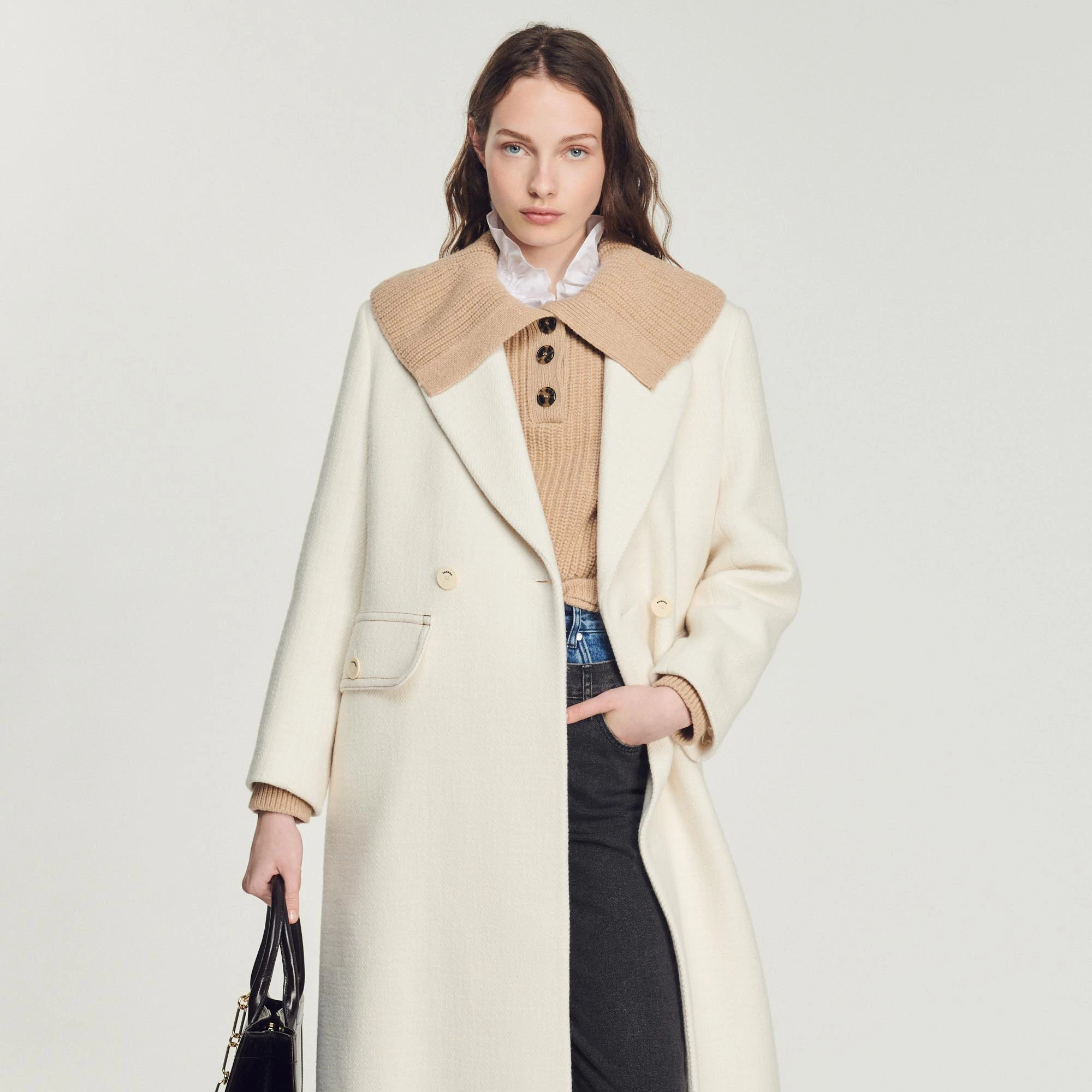 Outlet ???? Sandro Long ???? Coat With Wide Collar Ecru ???? 4 Outlet ???? Sandro Long ???? Coat With Wide Collar Ecru ???? - Image 4