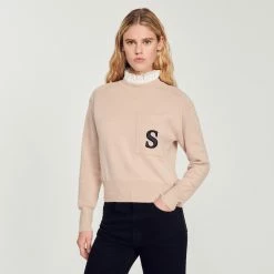 Sandro Shop 31 Outlet ???? Sandro Sweater With Contrasting Ruffled Collar Beige ????