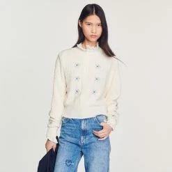 Best Pirce ???? Sandro Embroidered Knit Sweater Ecru ????