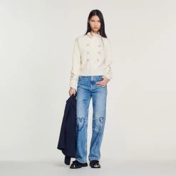 Best Pirce ???? Sandro Embroidered Knit Sweater Ecru ???? 10 Best Pirce ???? Sandro Embroidered Knit Sweater Ecru ???? -Sandro Shop Sandro SFPPU01547 11 V 4