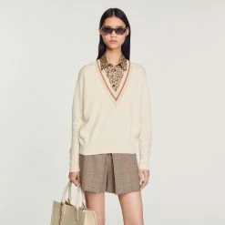 Cheap ???? Sandro Sweater With Contrasting V-neck Ecru ????