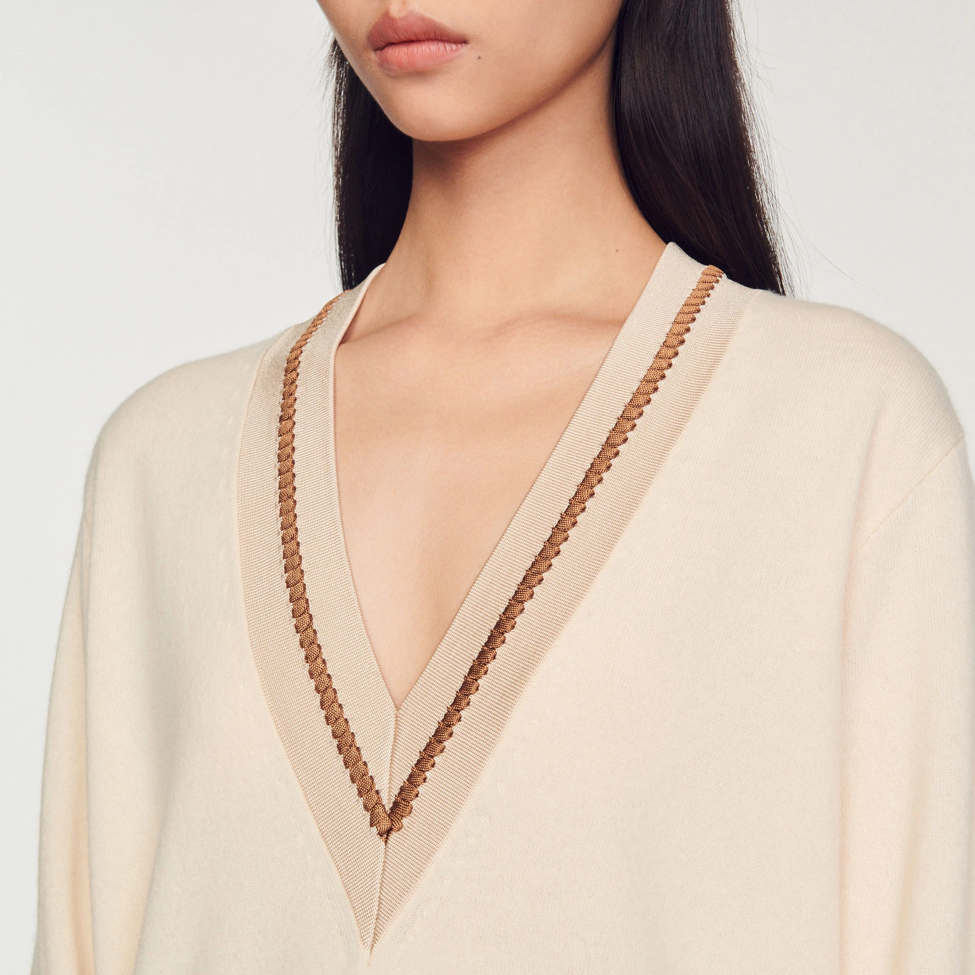 Cheap ???? Sandro Sweater With Contrasting V-neck Ecru ???? 3 Cheap ???? Sandro Sweater With Contrasting V-neck Ecru ???? - Image 3
