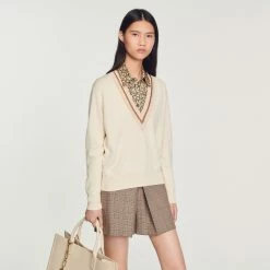 Cheap ???? Sandro Sweater With Contrasting V-neck Ecru ???? 10 Cheap ???? Sandro Sweater With Contrasting V-neck Ecru ???? -Sandro Shop Sandro SFPPU01552 11 V 4