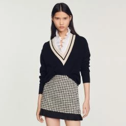 Promo ✨ Sandro Sweater With Contrasting V-neck Black ????