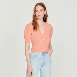 Discount ⌛ Sandro Cropped Cardigan With Balloon Sleeves Pink ✔️