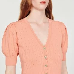Discount ⌛ Sandro Cropped Cardigan With Balloon Sleeves Pink ✔️ -Sandro Shop Sandro SFPPU01568 60 V 3