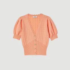 Discount ⌛ Sandro Cropped Cardigan With Balloon Sleeves Pink ✔️ -Sandro Shop Sandro SFPPU01568 60 V P