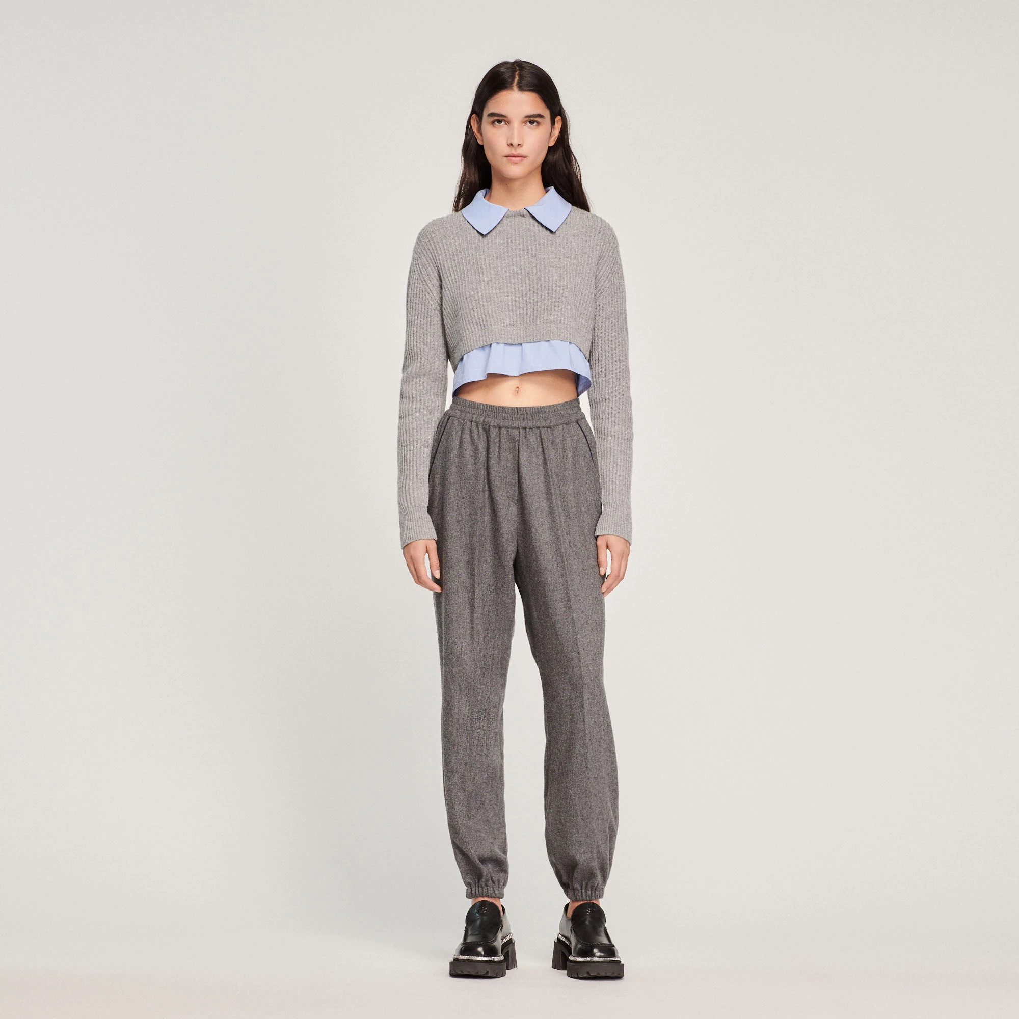 Promo ✨ Sandro Cropped Trompe-l'oeil Sweater Dark Grey ???? 2 Promo ✨ Sandro Cropped Trompe-l'oeil Sweater Dark Grey ???? - Image 2