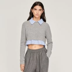 Promo ✨ Sandro Cropped Trompe-l'oeil Sweater Dark Grey ????