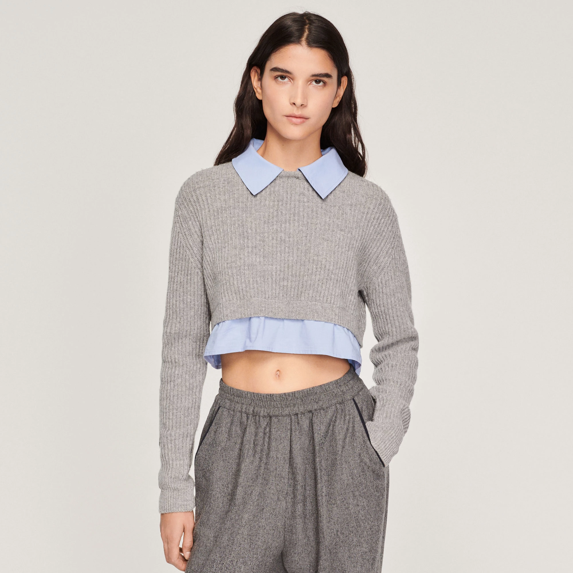 Promo ✨ Sandro Cropped Trompe-l'oeil Sweater Dark Grey ???? 1 Promo ✨ Sandro Cropped Trompe-l'oeil Sweater Dark Grey ????