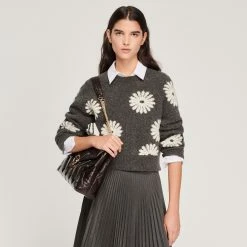Budget ???? Sandro Floral Knit Sweater Dark Grey ????
