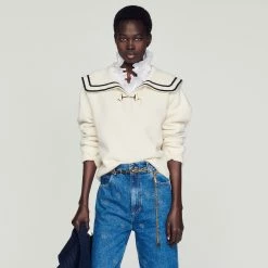 Discount ???? Sandro Sweater With An Open Collar Ecru ⭐ 10 Discount ???? Sandro Sweater With An Open Collar Ecru ⭐ -Sandro Shop Sandro SFPPU01655 11 V 4