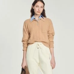 Coupon ???? Sandro Cropped Cable-knit Sweater Camel ????