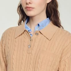 Coupon ???? Sandro Cropped Cable-knit Sweater Camel ???? -Sandro Shop Sandro SFPPU01683 13 V 3