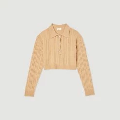 Coupon ???? Sandro Cropped Cable-knit Sweater Camel ???? -Sandro Shop Sandro SFPPU01683 13 V P