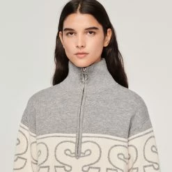 Hot Sale ???? Sandro Double S Jacquard Sweater Grey ???? -Sandro Shop Sandro SFPPU01685 24 V 3