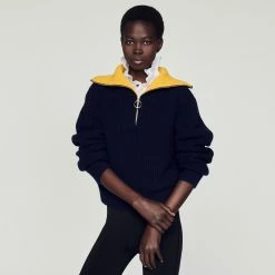 Hot Sale ???? Sandro Trucker-style Sweater Navy Blue ???? -Sandro Shop Sandro SFPPU01707 44 V 4