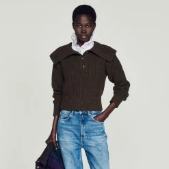 New ???? Sandro Knitted Wide-neck Sweater Brown ???? -Sandro Shop Sandro SFPPU01788 G023 V 4