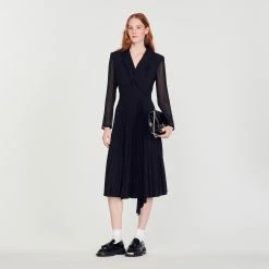 Hot Sale ⭐ Sandro Dual-material Long-sleeved ???? Dress Black ????