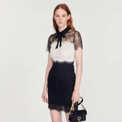 Hot Sale ???? Sandro Two-tone Lace ???? Dress Ecru ????